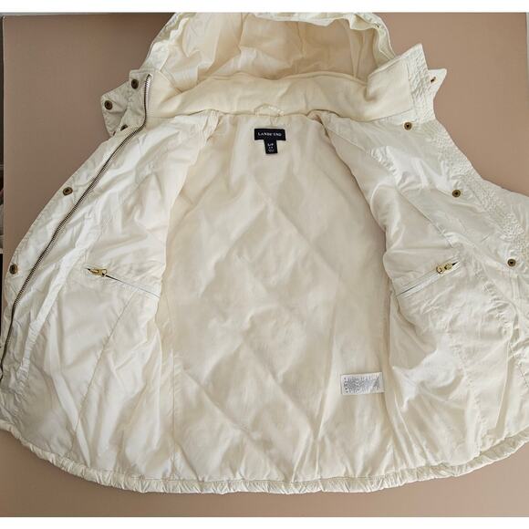 EUC Lands' End  Cream Goose Down Feather Hooded Ski Puffer Jacket S/P 6-8 - Picture 8 of 10